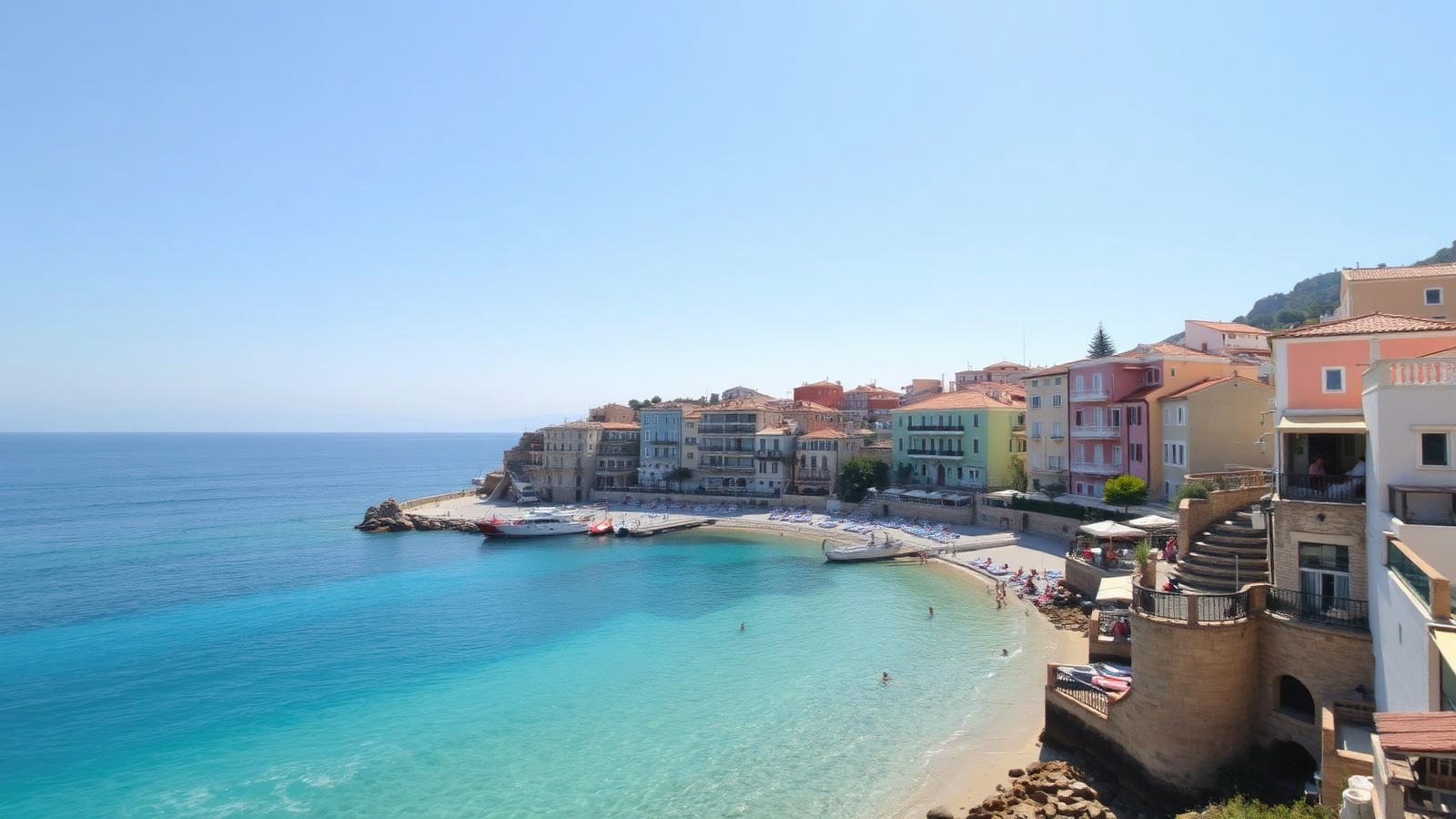 Sunlit coastal town overlooking a turquoise bay
