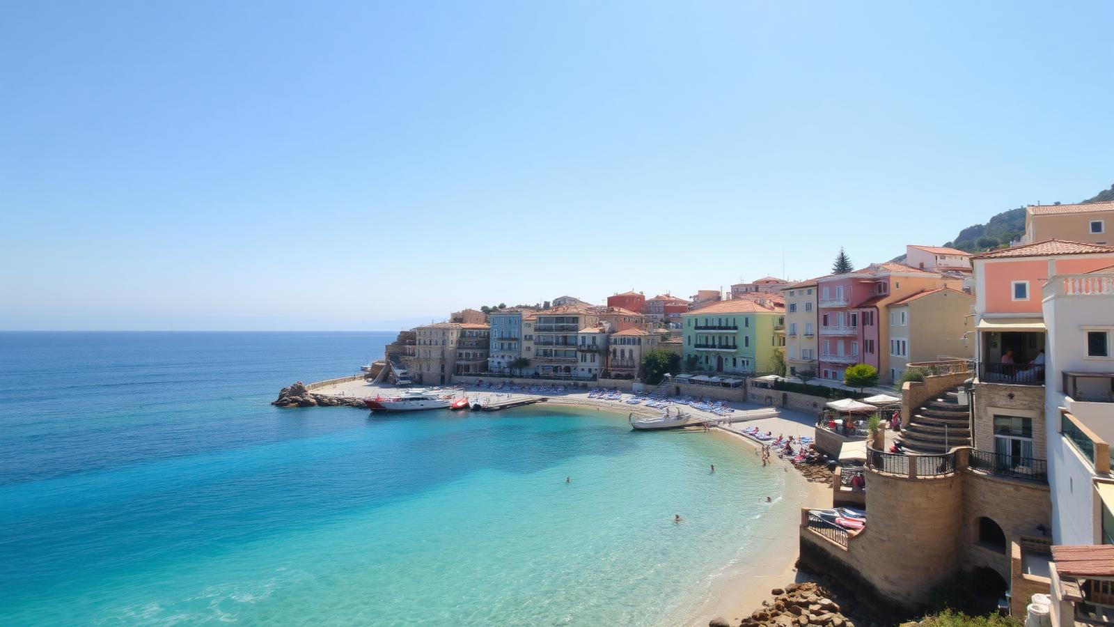 Sunlit coastal town overlooking a turquoise bay
